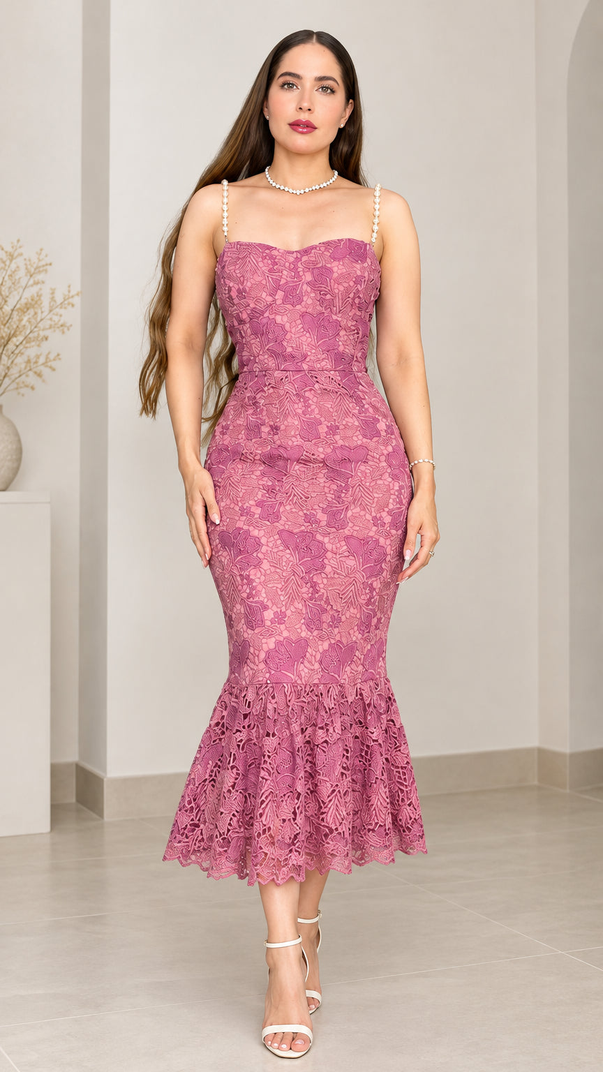 Front full-length view of woman wearing Dusty Rose floral lace mermaid midi dress with pearl straps