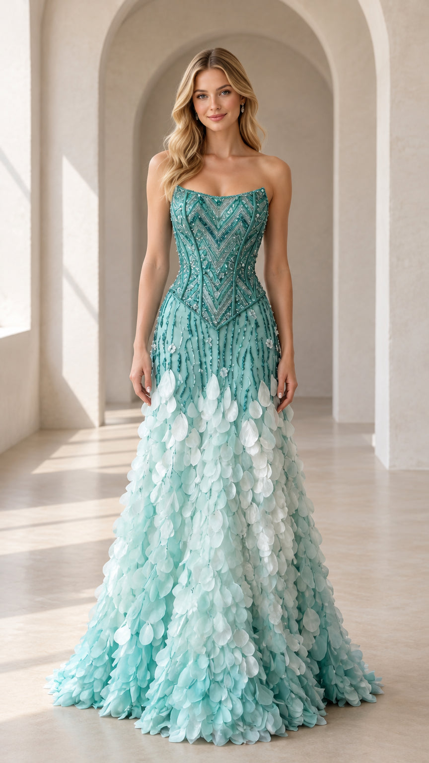 Front full-length view of model wearing aqua teal strapless beaded corset gown with petal skirt