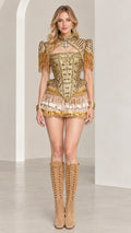 Front view of model wearing gold ornate beaded corset mini dress with shoulder fringe