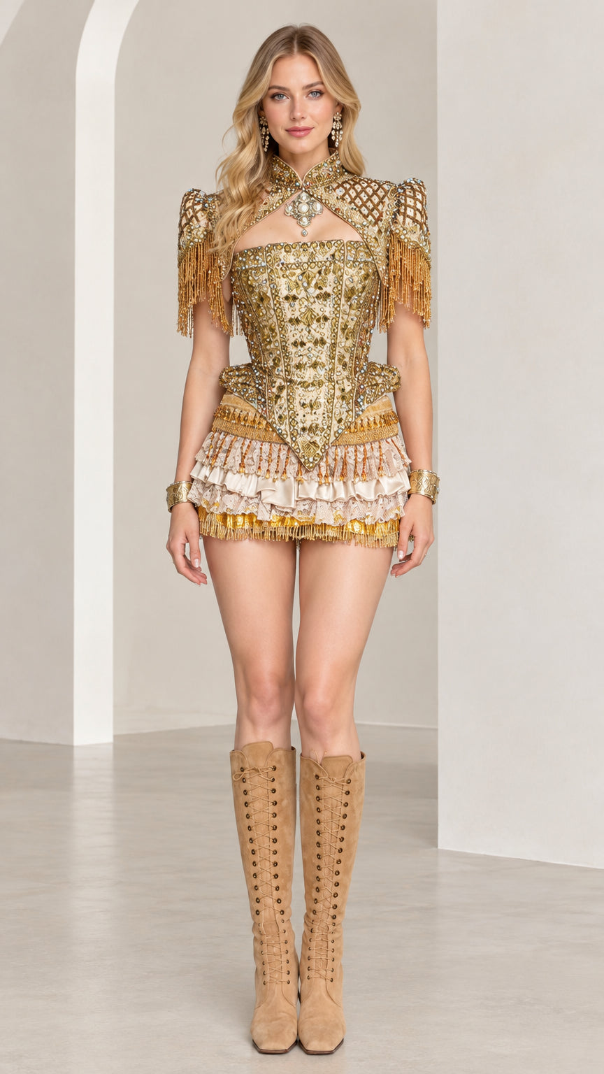 Front view of model wearing gold ornate beaded corset mini dress with shoulder fringe
