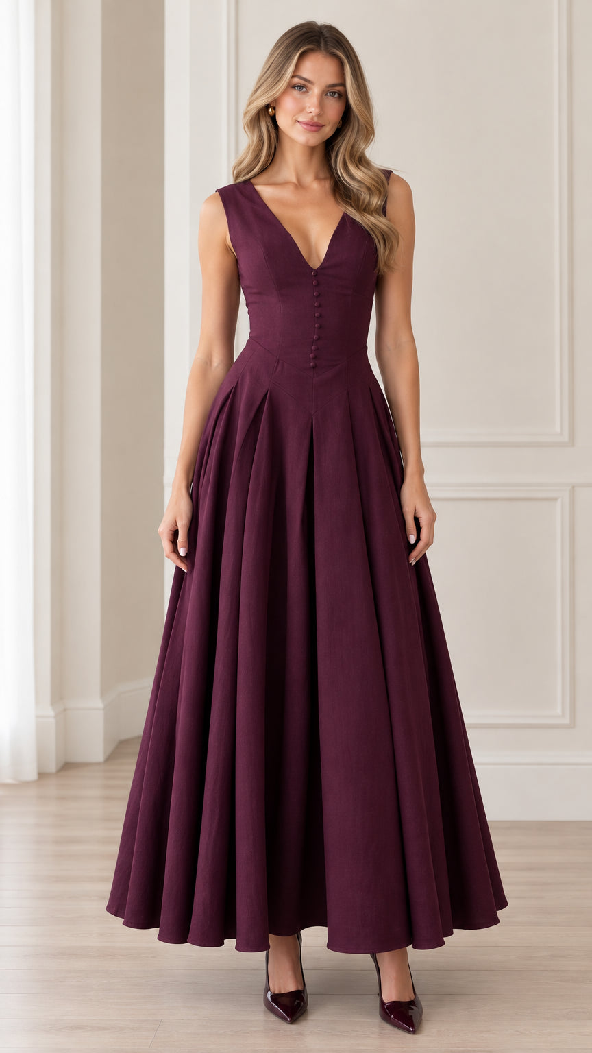 Front view of woman wearing sleeveless burgundy V-neck button-front pleated maxi dress