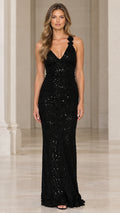Front view of black sequin V-neck evening gown on model