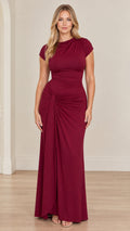 Full front view of model wearing burgundy gathered cap sleeve formal maxi dress