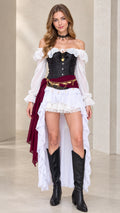 Front full view of women's black and white Renaissance pirate corset dress with high-low ruffle skirt