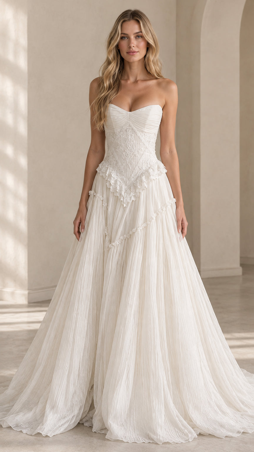 Front view of model wearing ivory strapless sweetheart basque waist tulle gown