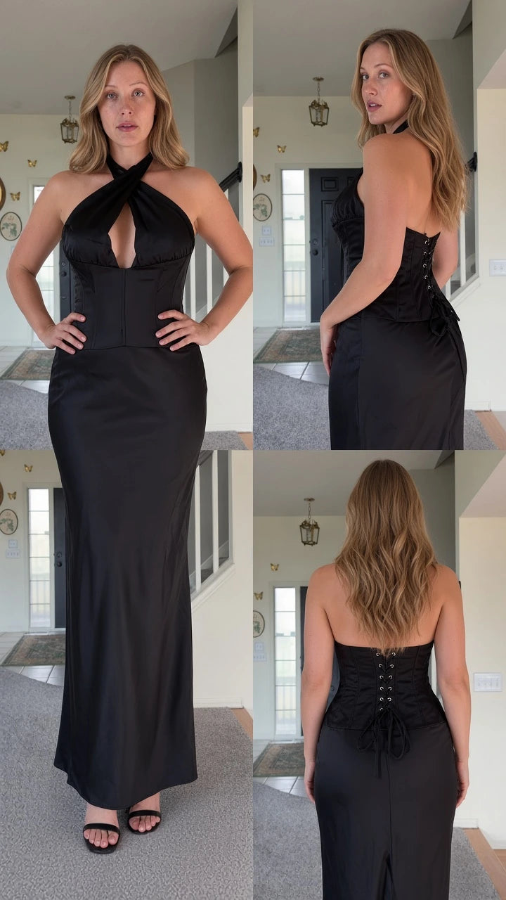 Front, side, and back view of woman wearing black cross halter top and lace-up maxi skirt set