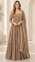 Front full-length view of taupe long-sleeve tiered maxi dress with draped embroidered dupatta