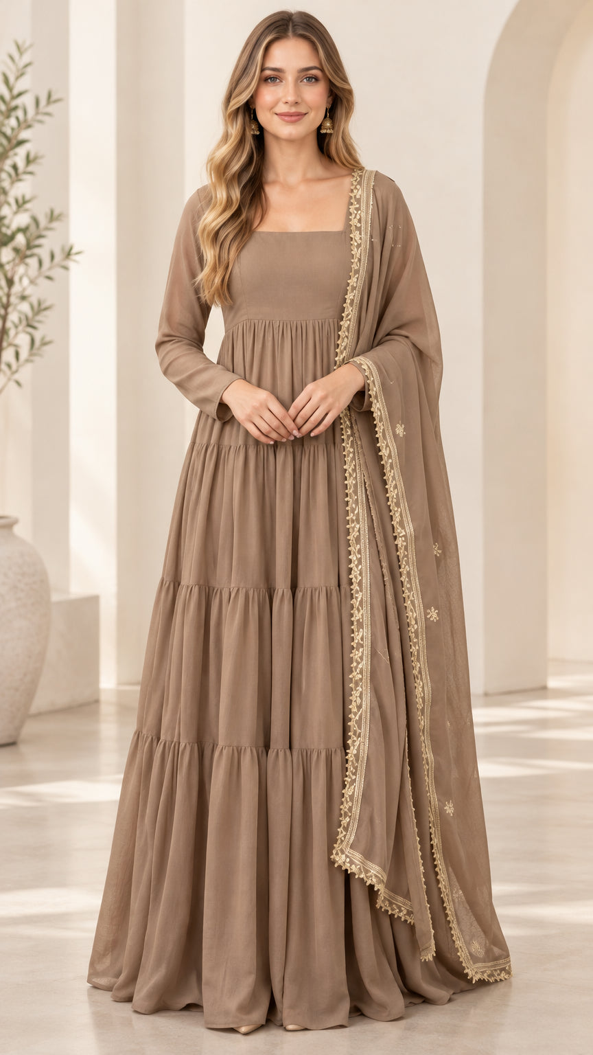Front full-length view of taupe long-sleeve tiered maxi dress with draped embroidered dupatta