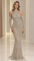 Full front view of Champagne halter beaded mermaid evening gown with cold shoulder sleeves