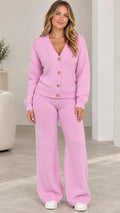 Front view of woman wearing pink knit cardigan and matching wide-leg pants set
