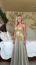 Sage Green corset lace applique spaghetti strap maxi evening gown front view