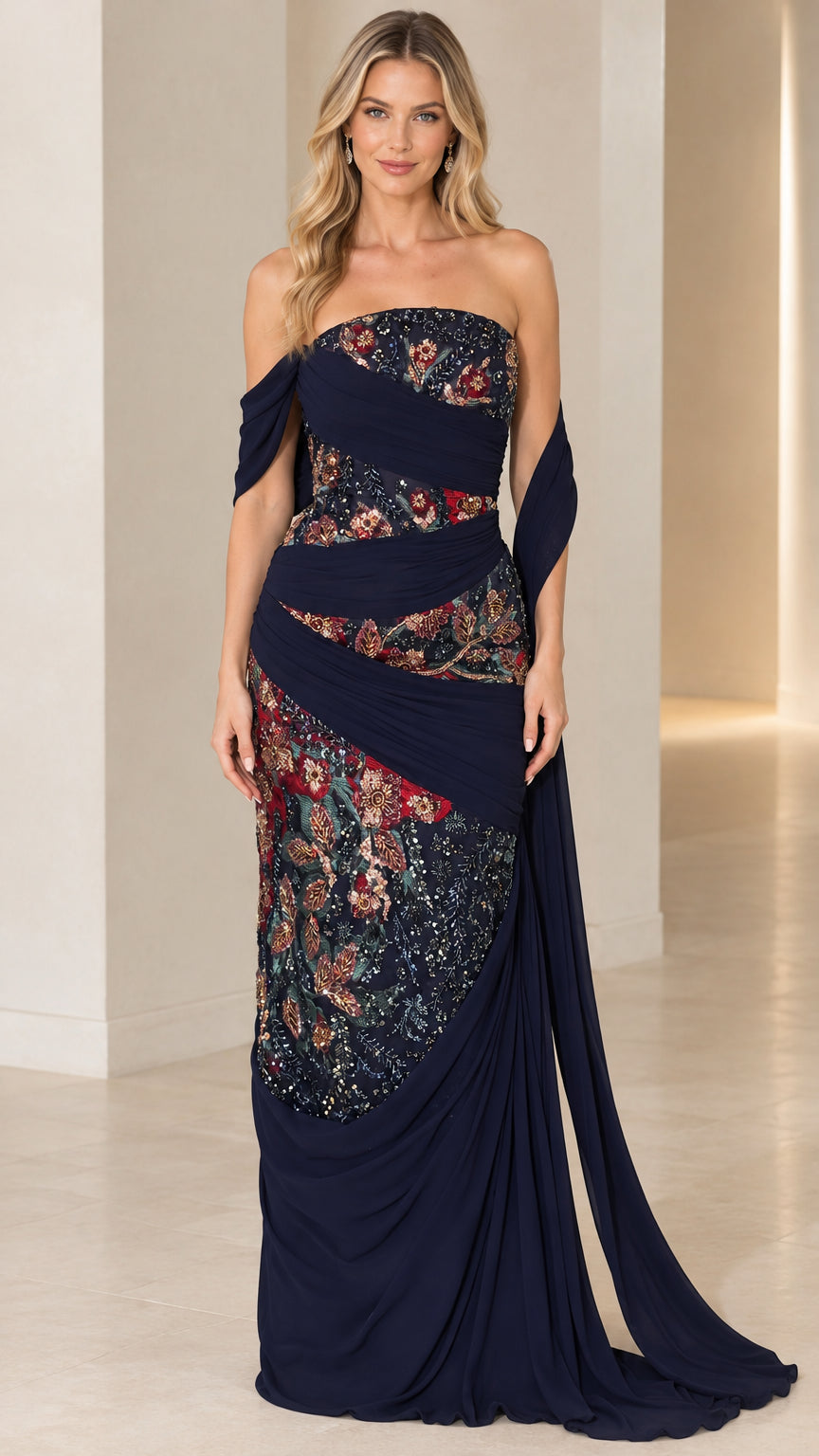 Navy blue embroidered ruched off-the-shoulder evening gown front view