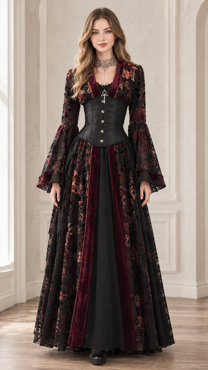 Full front view of women's Gothic Renaissance maxi dress in Black & Wine Red with lace-up corset and bell sleeves