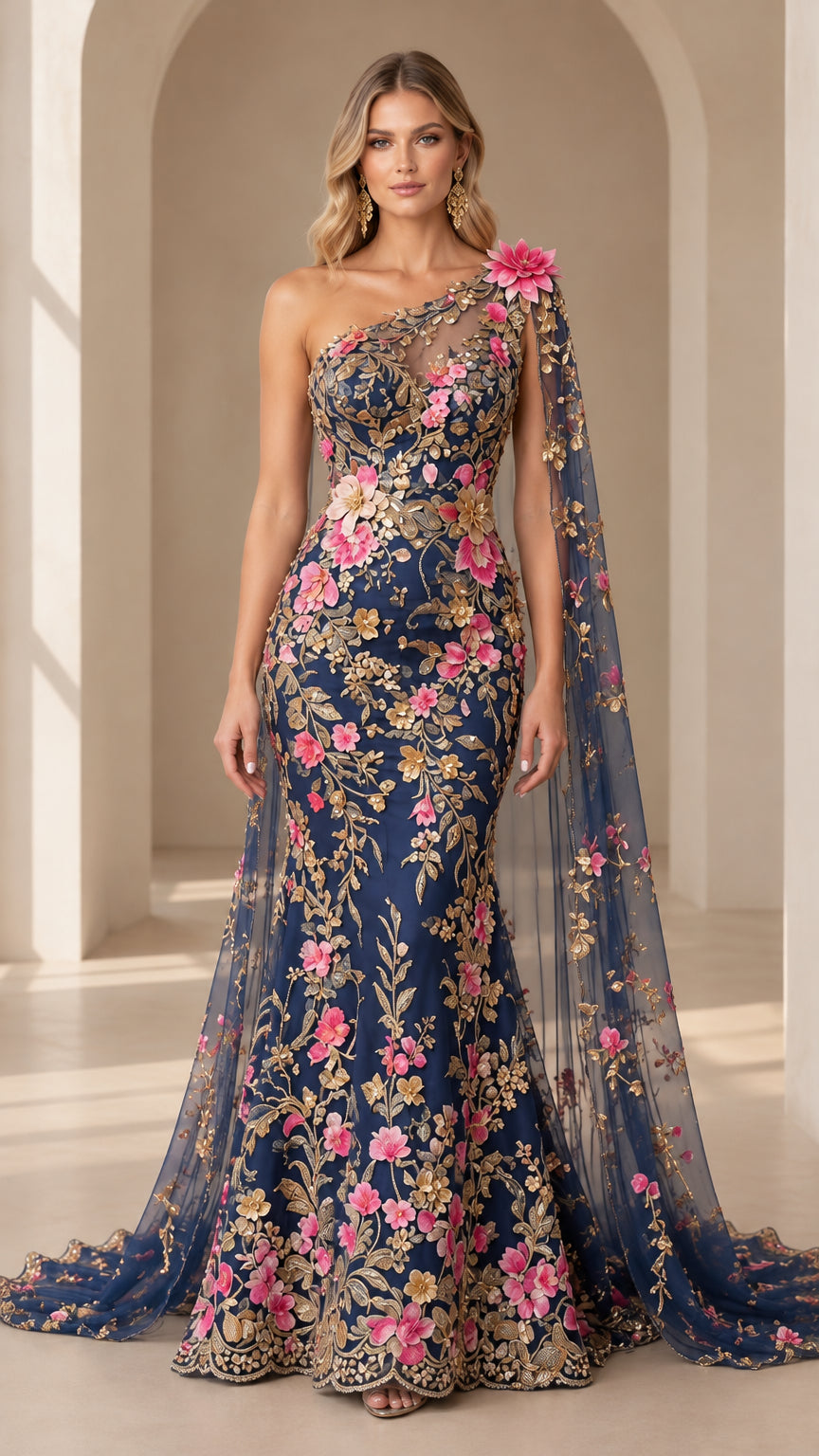 Front full-length view of navy blue one-shoulder evening gown with floral embroidery and attached cape