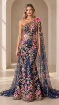 Front full-length view of navy blue one-shoulder evening gown with floral embroidery and attached cape