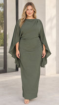Front view of model wearing sage green draped cape sleeve ruched maxi dress