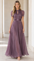 Dusty purple chiffon maxi dress with high lace keyhole neckline and short sleeves - front view