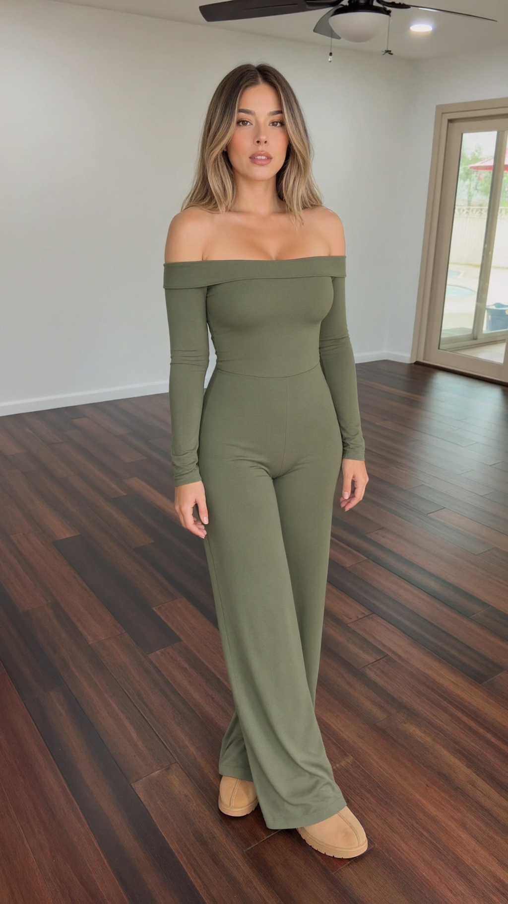 Model wearing sage green off-the-shoulder long sleeve wide-leg jumpsuit front view