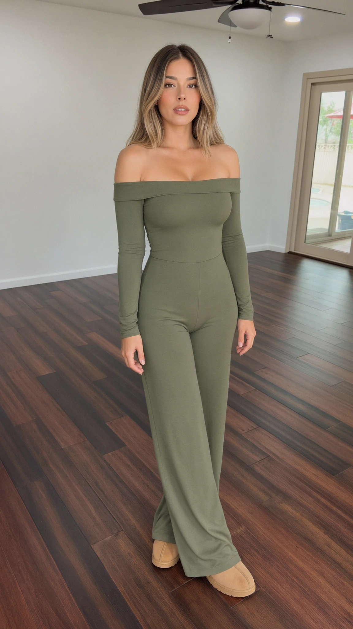 Model wearing sage green off-the-shoulder long sleeve wide-leg jumpsuit front view