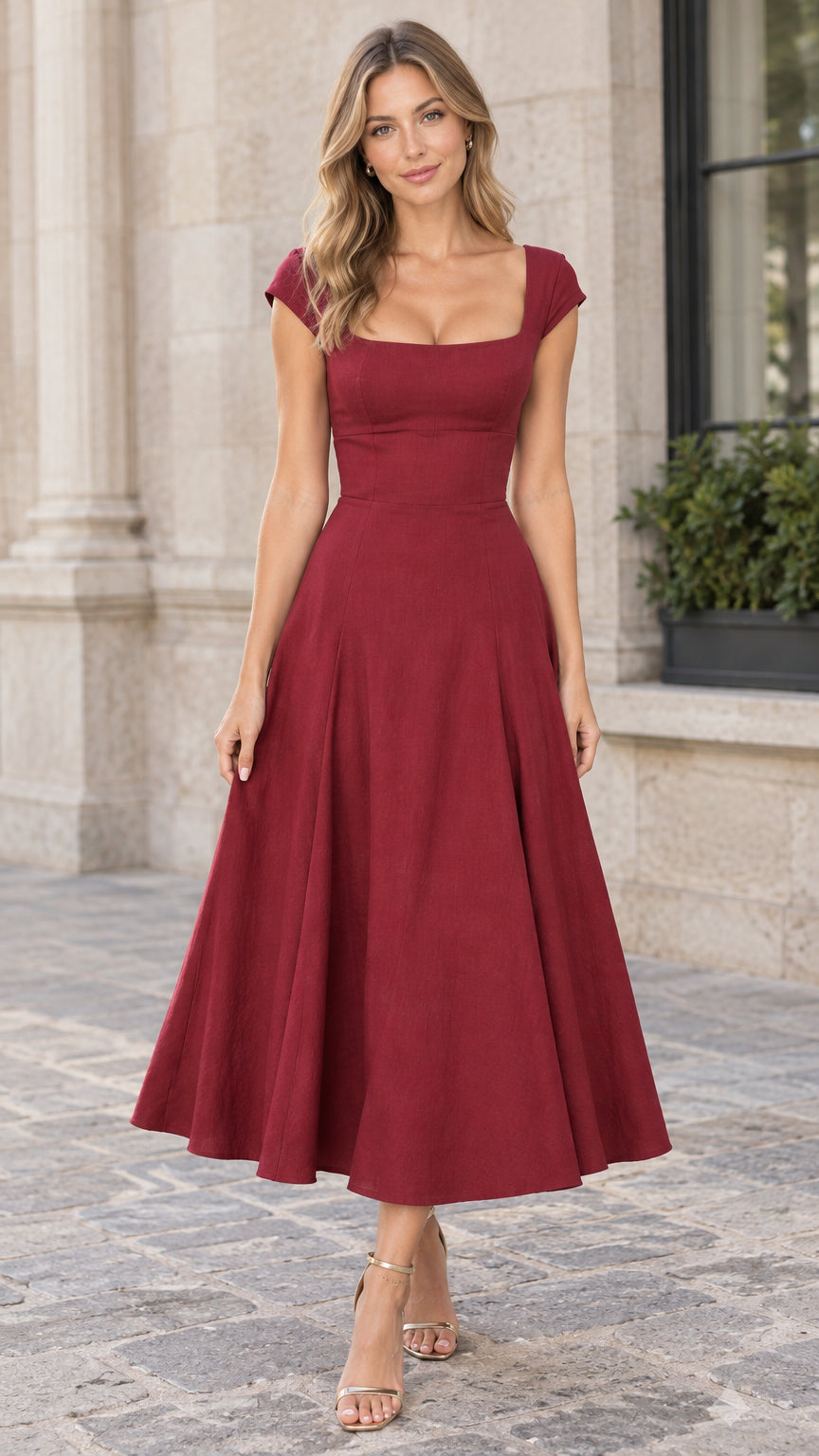 Front view of woman wearing Wine Red square neck cap sleeve midi A-line dress