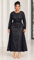 Front view of model wearing black rhinestone embellished long sleeve maxi dress