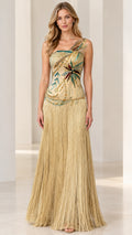 Full front view of model wearing gold one-shoulder beaded fringe evening gown