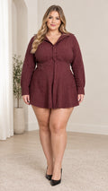 Front view of model wearing burgundy plus size striped mini shirt dress