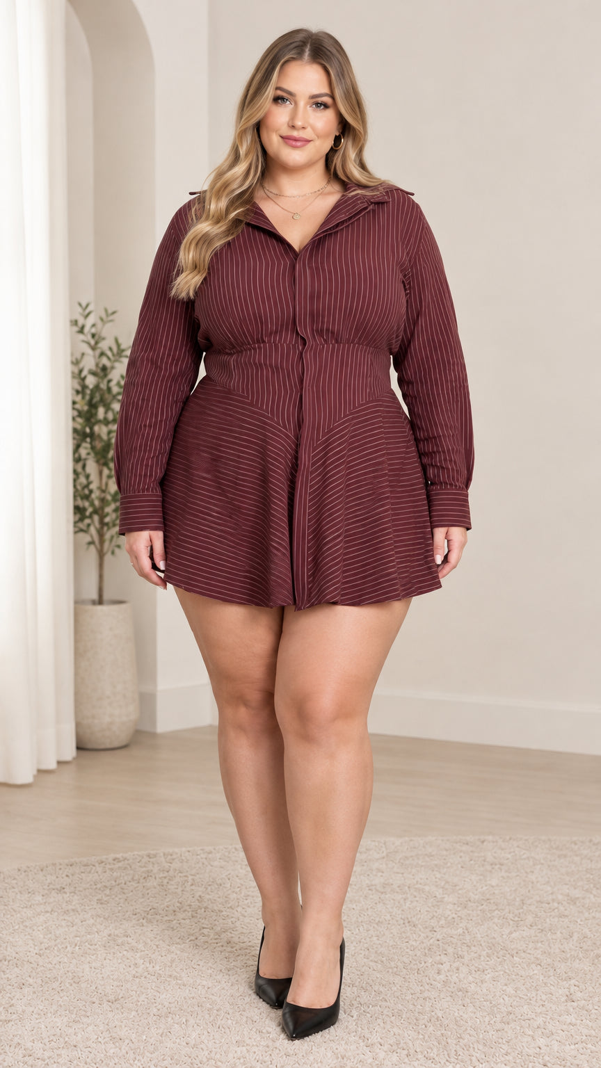 Front view of model wearing burgundy plus size striped mini shirt dress