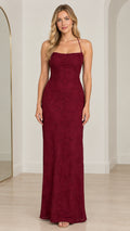 Front view of model wearing burgundy floral lace backless maxi dress