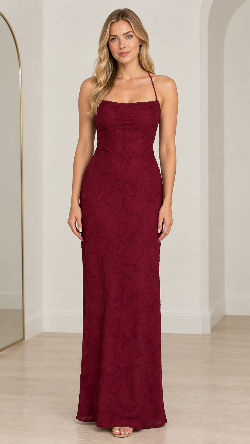 Front view of model wearing burgundy floral lace backless maxi dress