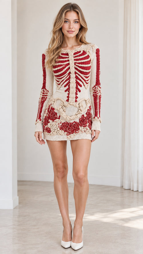 Front view of model wearing cream long sleeve knit mini dress with red embroidered skeleton and roses