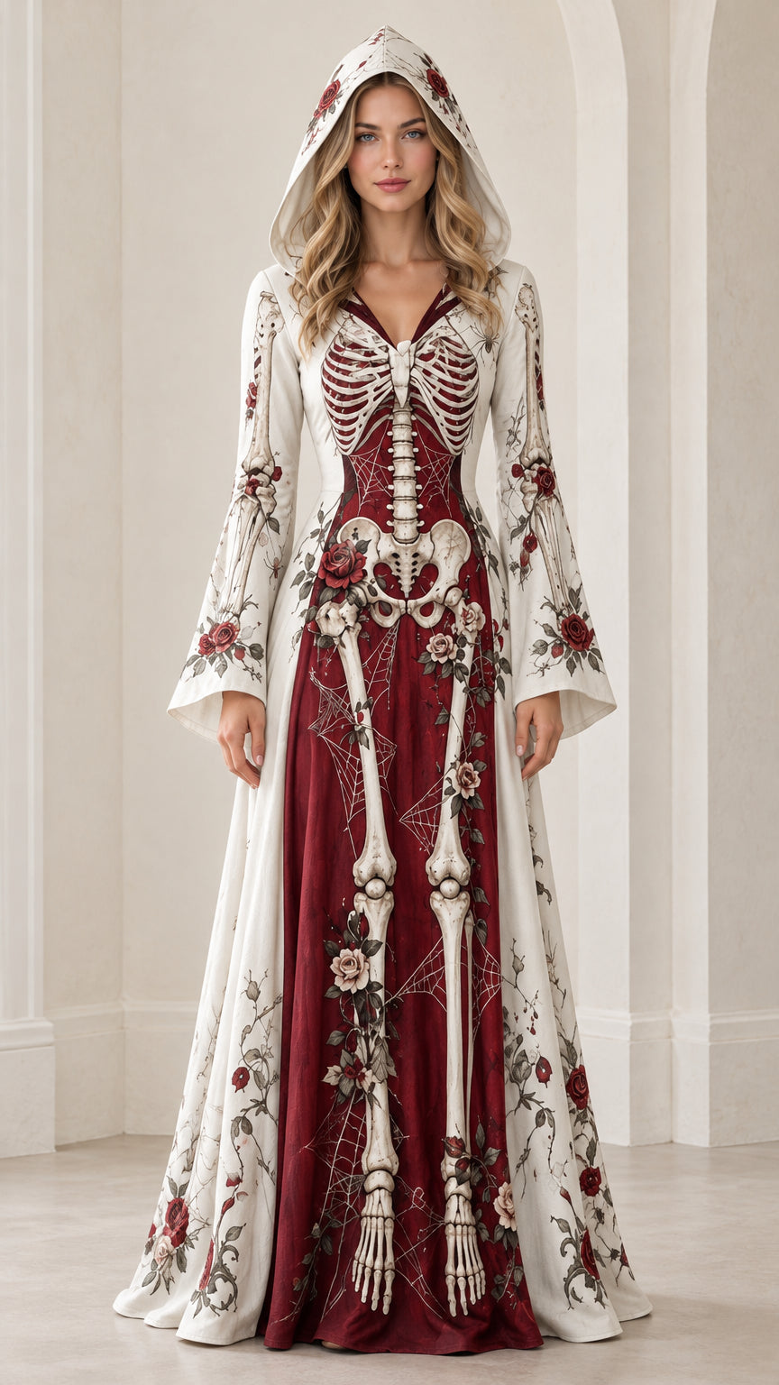 Full front view of white and burgundy gothic skeleton floral hooded maxi dress