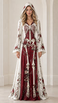 Full front view of white and burgundy gothic skeleton floral hooded maxi dress