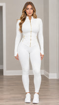 Full front view of model wearing white zip-up active jacket and matching white leggings set