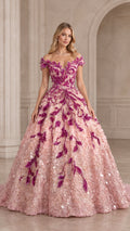 Front view of the light pink off-the-shoulder embroidered floral ball gown