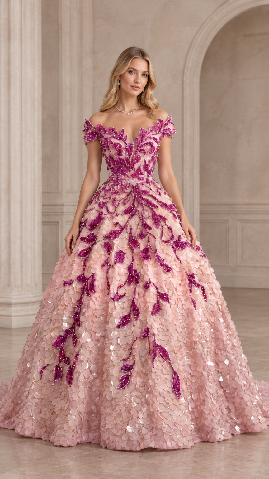 Front view of the light pink off-the-shoulder embroidered floral ball gown