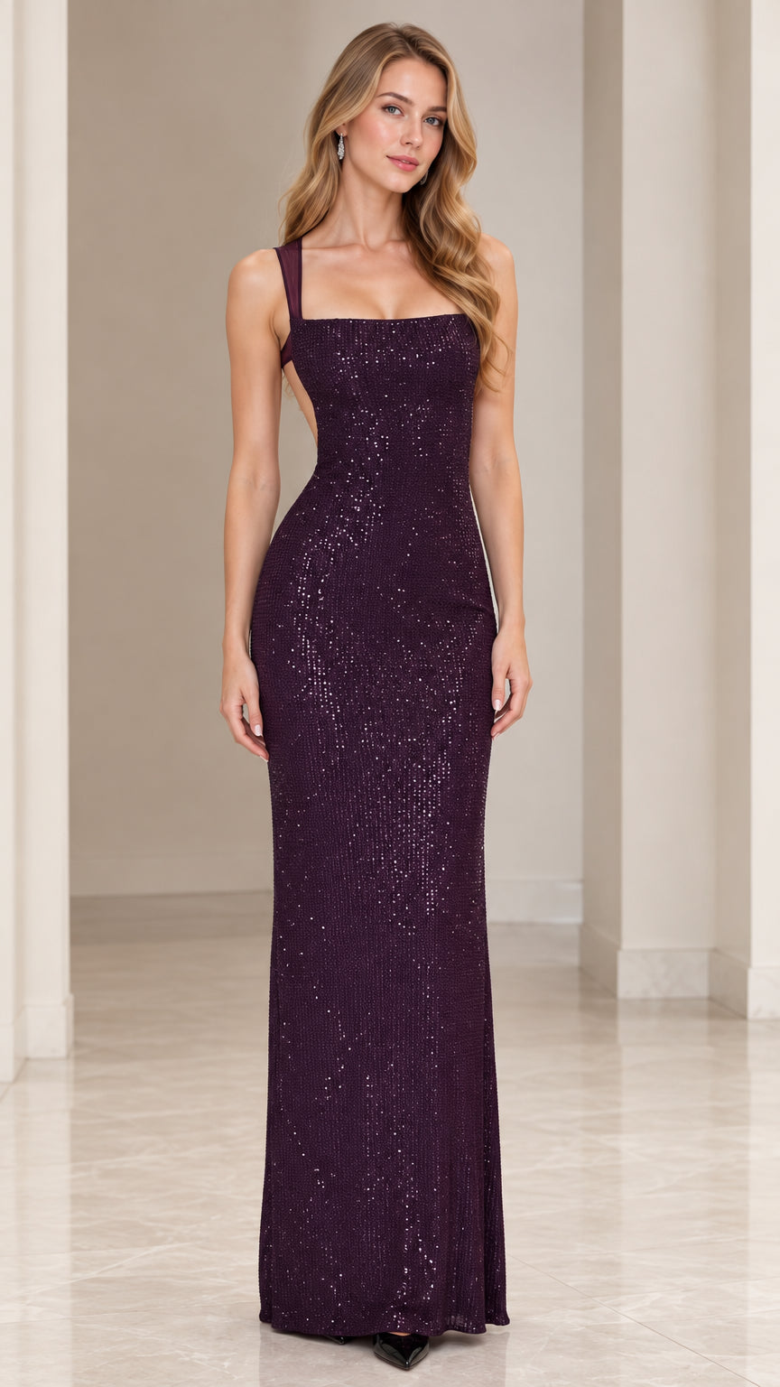 Front view of model wearing dark purple sequin square neck maxi evening gown