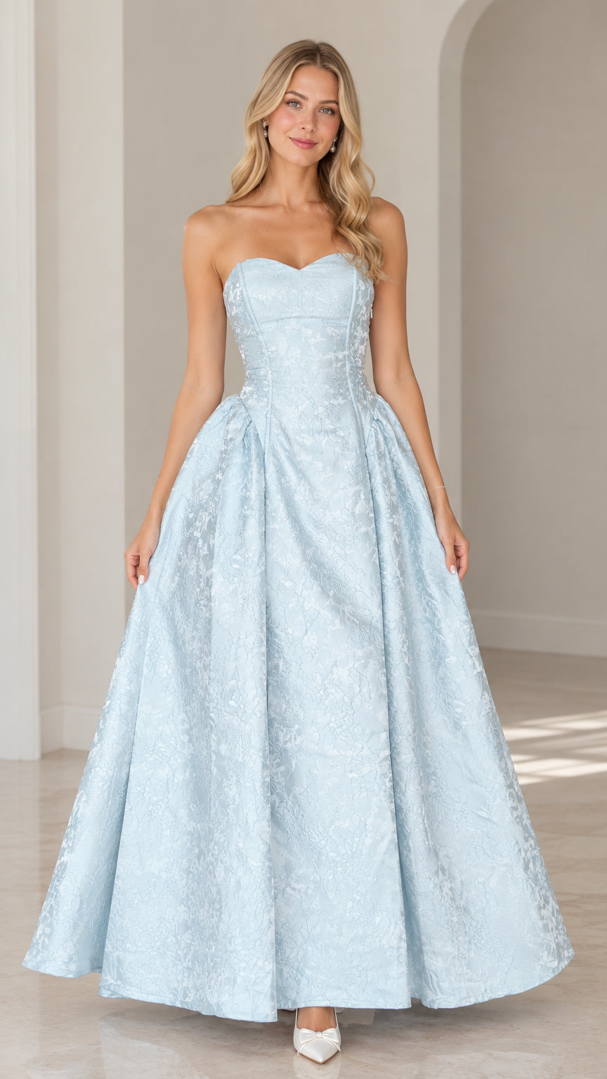 Light blue strapless floral jacquard maxi dress shown from the front