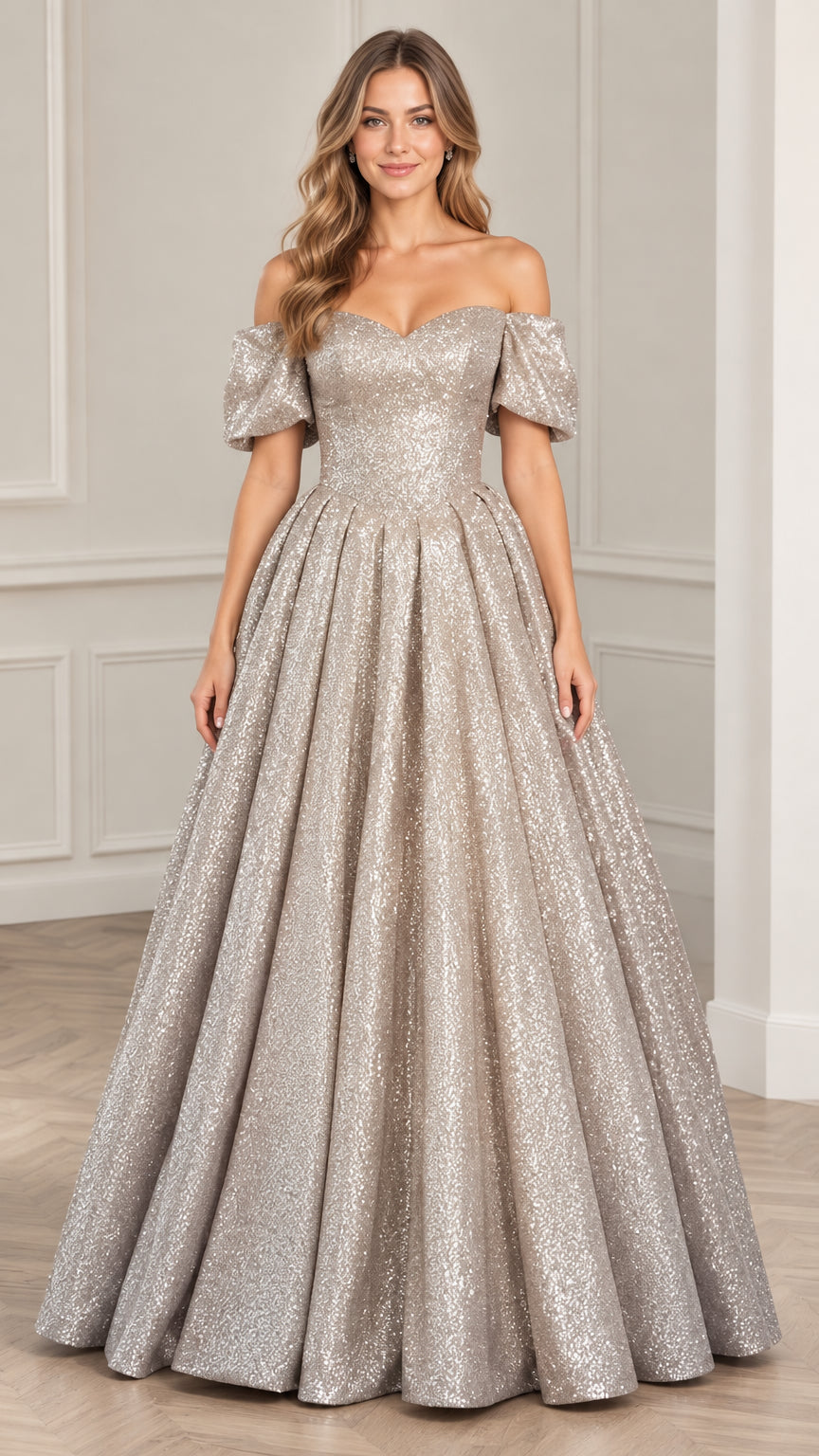 Front view of Champagne off-the-shoulder glitter ball gown with sweetheart neckline and puff sleeves