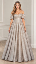 Front view of Champagne off-the-shoulder glitter ball gown with sweetheart neckline and puff sleeves