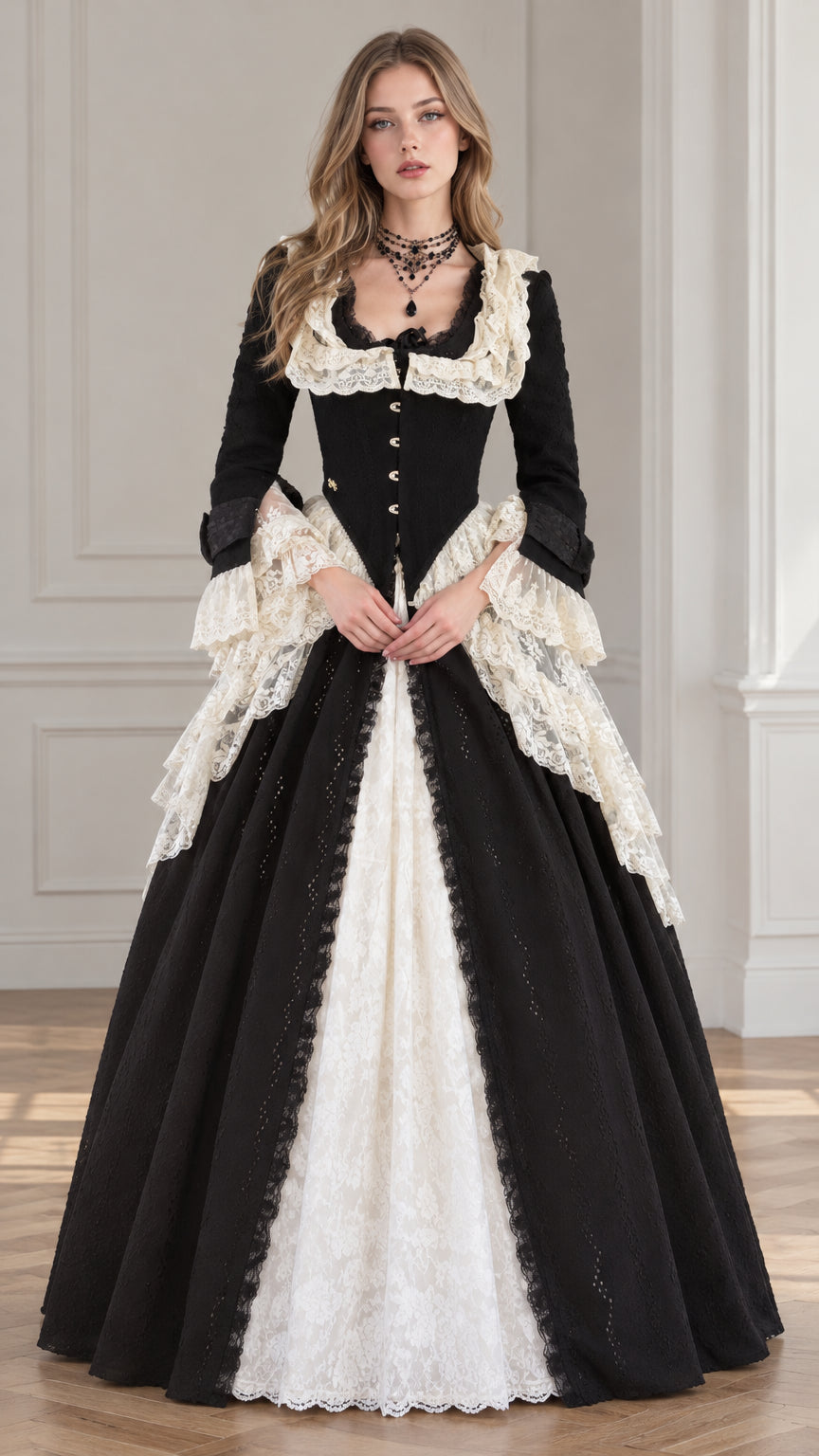 Front view of black and cream Victorian gothic lace ball gown with square neckline