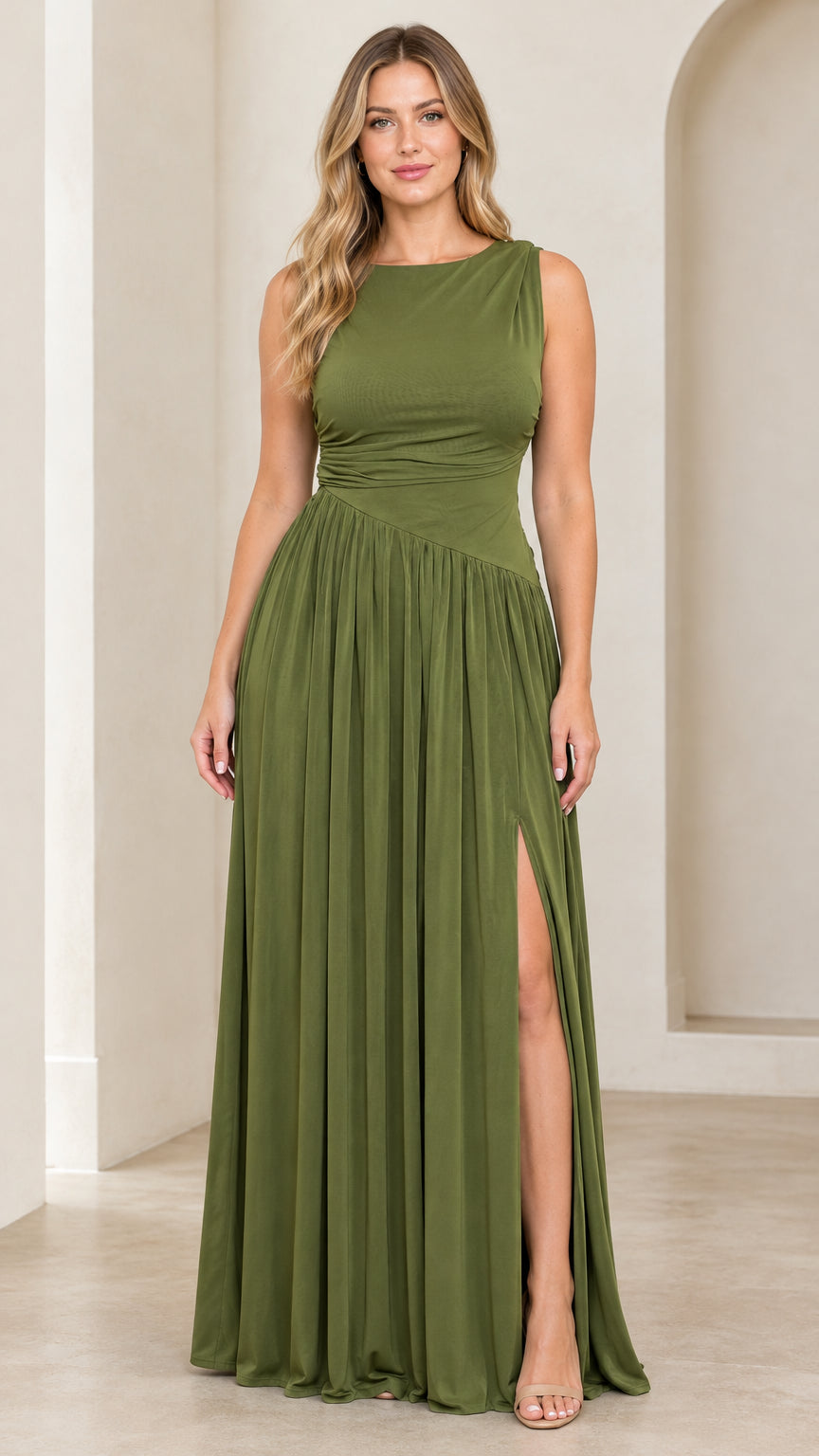 Front full-length view of woman wearing olive green sleeveless cowl back pleated maxi dress with slit