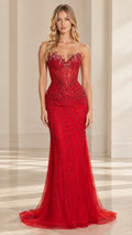 Front full-length view of the red strapless beaded corset mermaid evening gown on a model