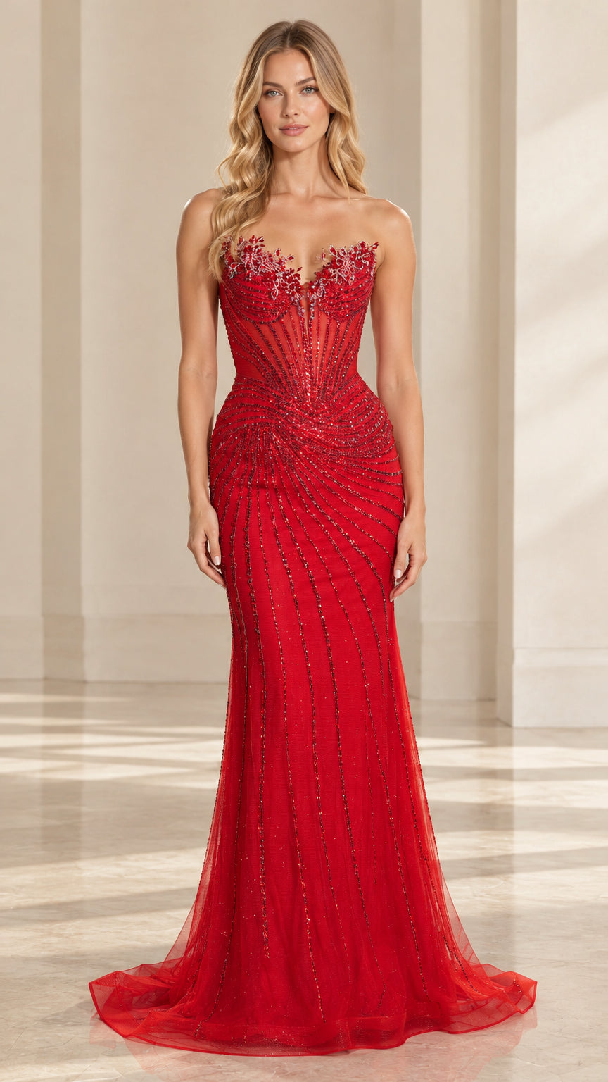Front full-length view of the red strapless beaded corset mermaid evening gown on a model