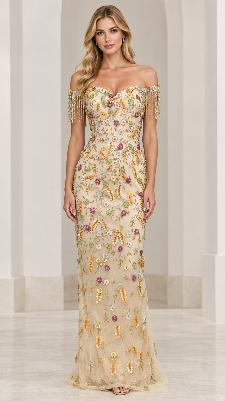 Front view of model wearing a champagne off-the-shoulder evening gown with 3D floral sequin embellishments