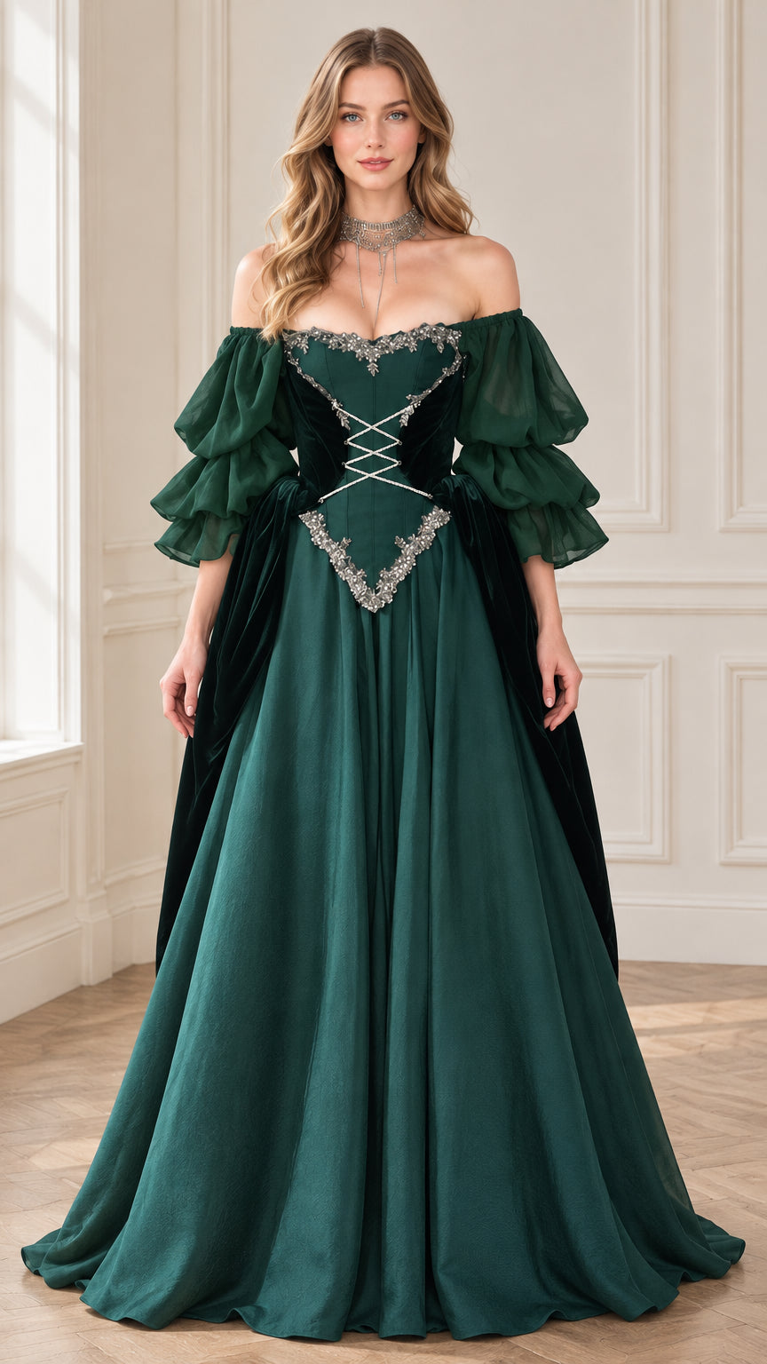 Front view of model wearing emerald green off-shoulder Renaissance gown with tiered puff sleeves