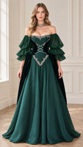 Front view of model wearing emerald green off-shoulder Renaissance gown with tiered puff sleeves