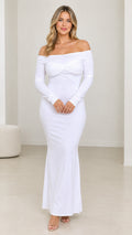 Front view of model wearing white off-the-shoulder long sleeve mermaid maxi dress