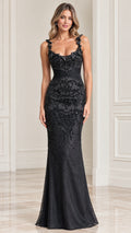 Front view of black embellished mermaid evening gown with sweetheart neckline