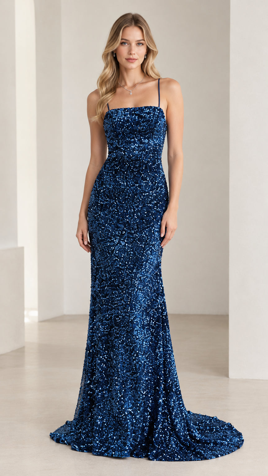 Front view of model wearing a royal blue sequined mermaid gown with spaghetti straps